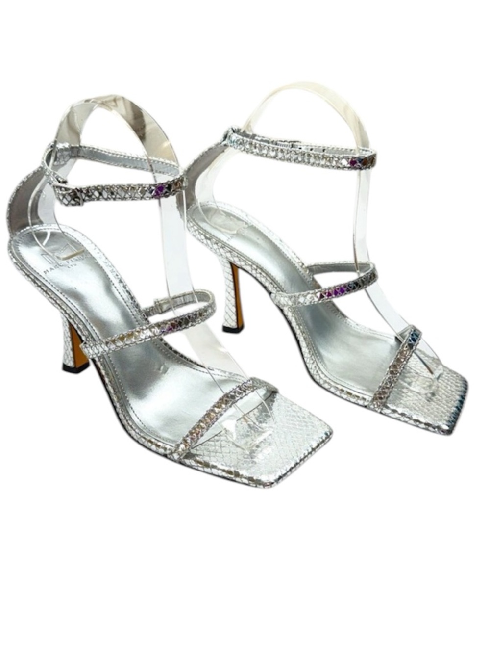 Marc Fisher LTD Dalida Leather Buckle Strappy Embossed Silver Sandals